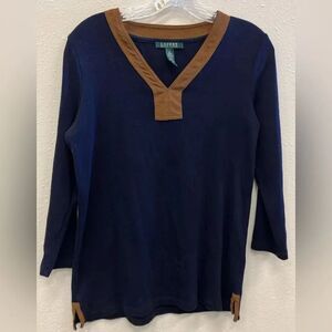 Lauren Ralph Lauren Navy and Brown Suede V-Neck Long Sleeve Top Medium #720